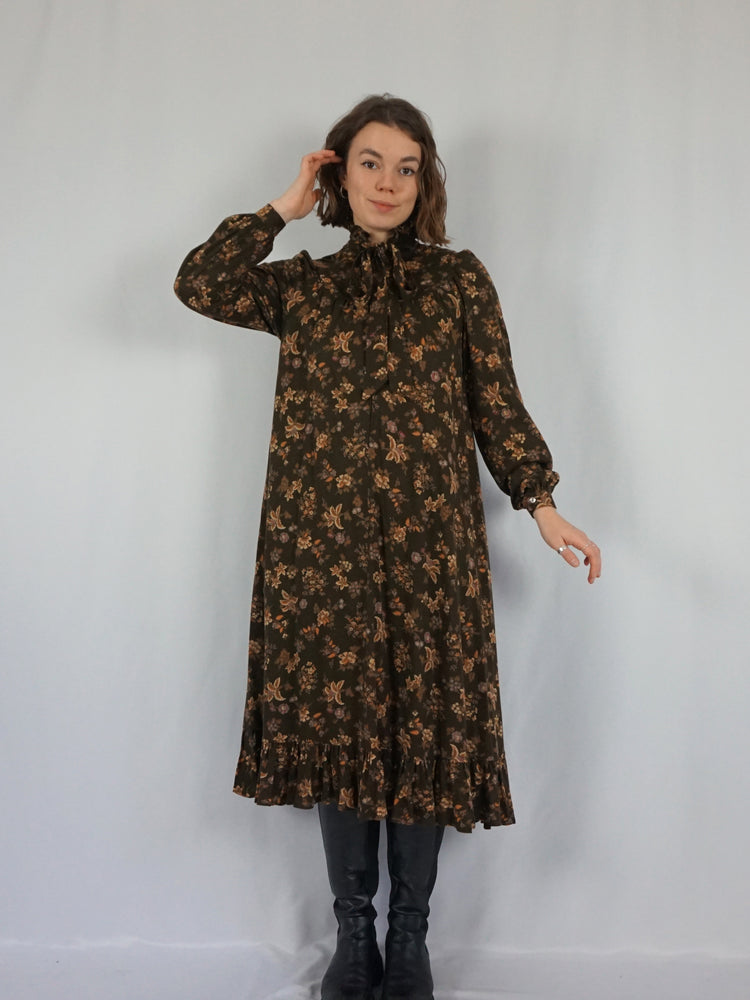 Autumnal Brown Smock Dress - M