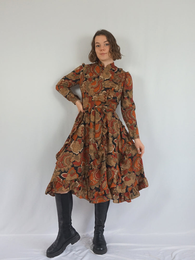 Autumnal Ruffled Wool Dress - S