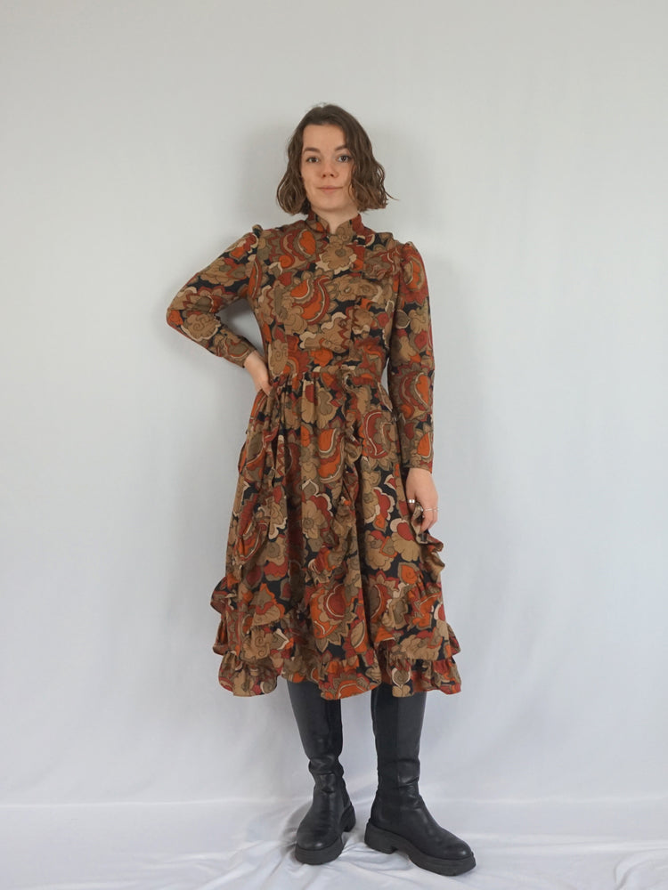 Autumnal Ruffled Wool Dress - S