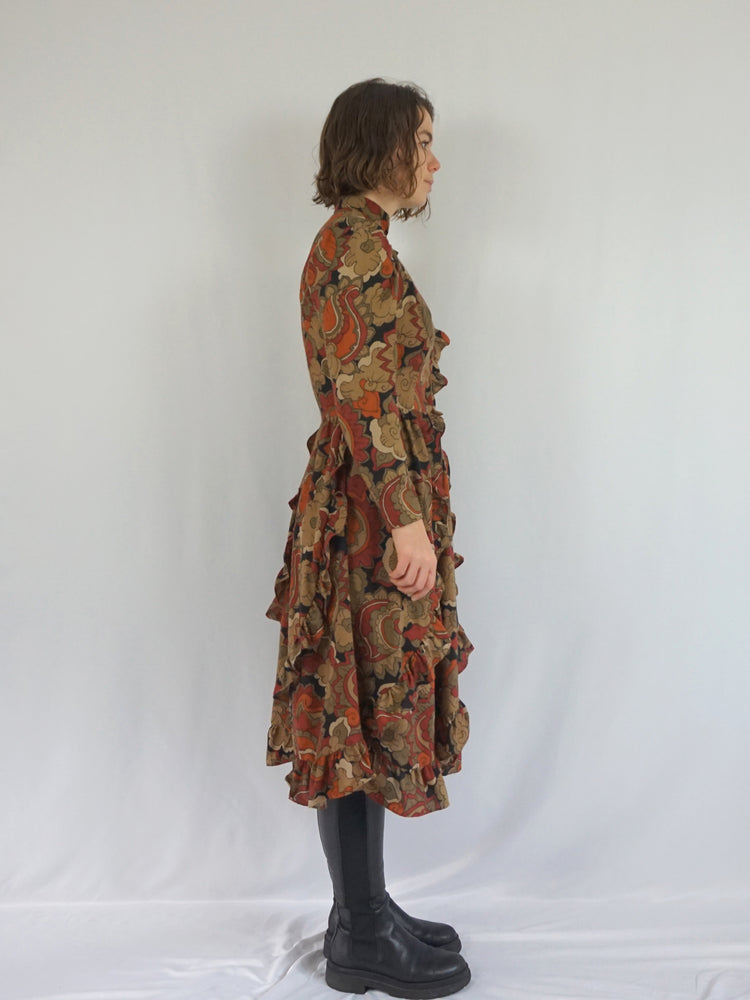 Autumnal Ruffled Wool Dress - S