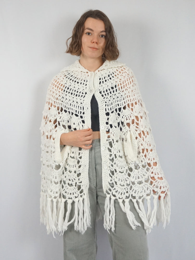 White Crochet Shawl/ Cape - M