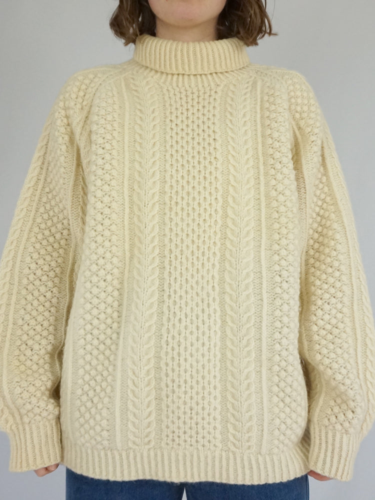 Cream Aran Turtleneck Jumper - XL