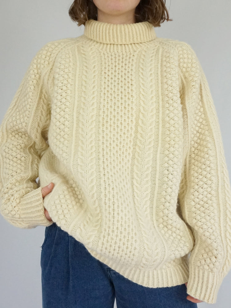 Cream Aran Turtleneck Jumper - XL