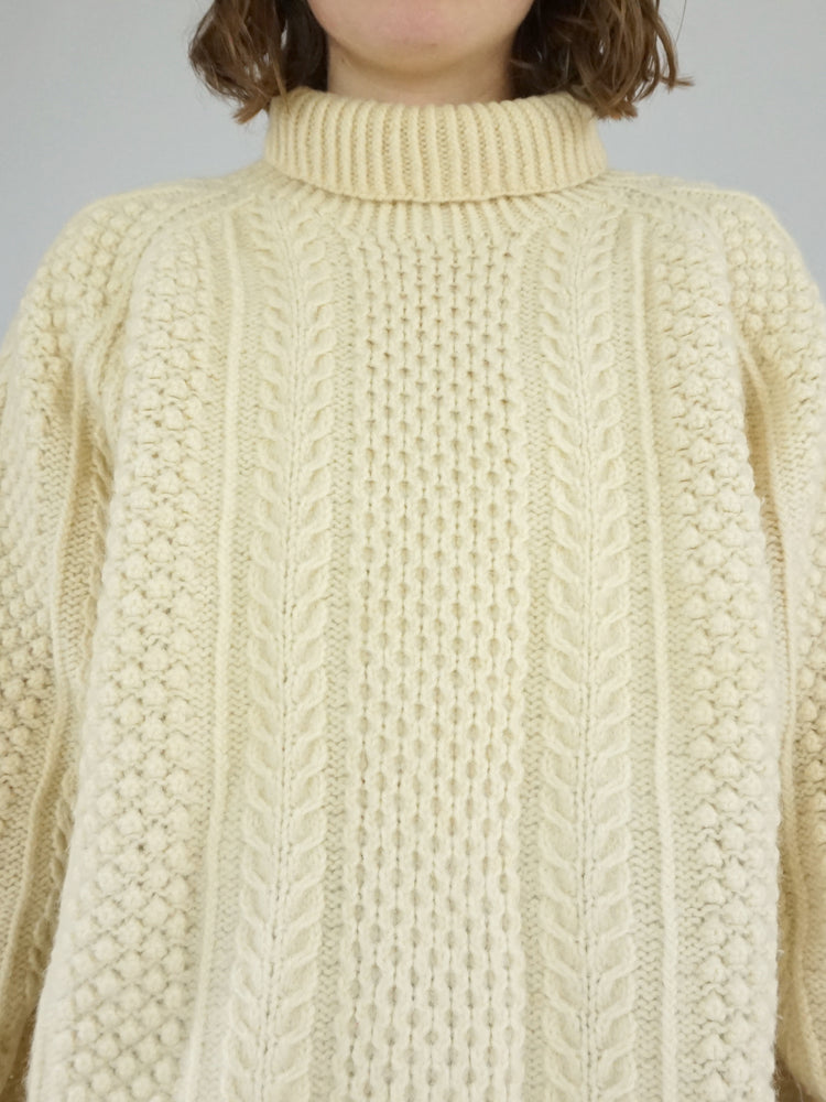 Cream Aran Turtleneck Jumper - XL