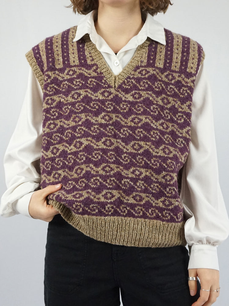 Purple & Beige Wool Vest - L