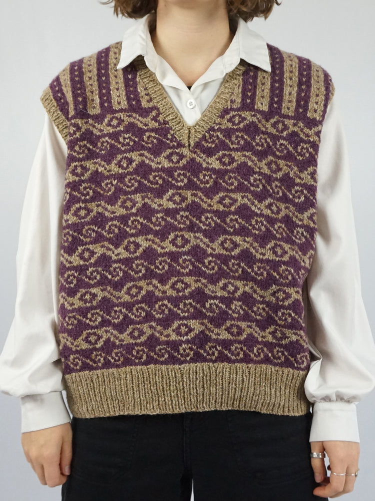 Purple & Beige Wool Vest - L