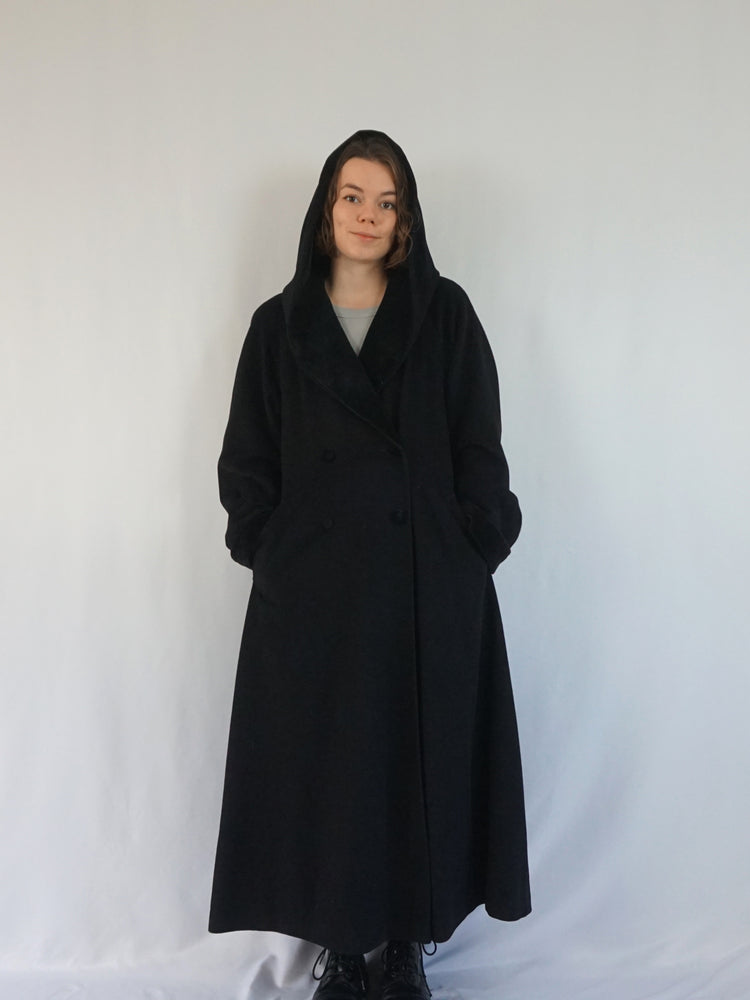 Black Hooded Trench Coat - L