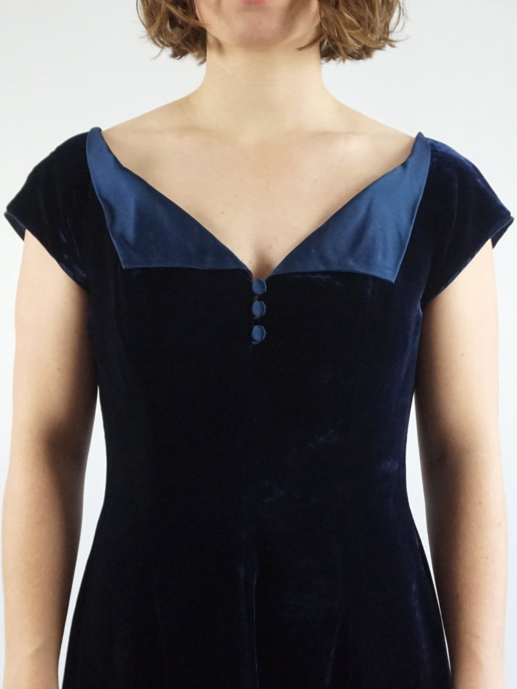 Midnight Blue Collared Velvet Dress - M