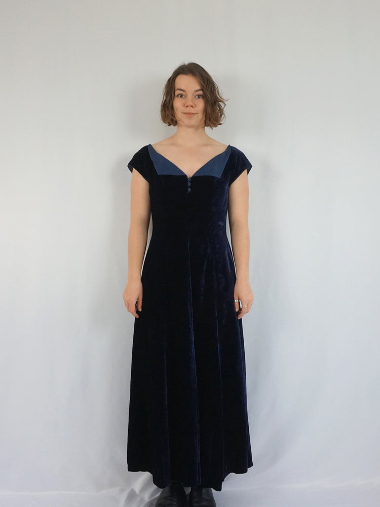 Midnight Blue Collared Velvet Dress - M