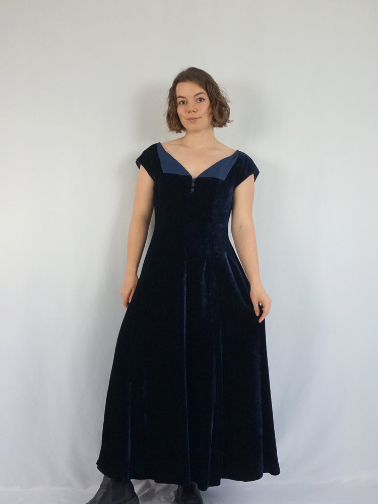 Midnight Blue Collared Velvet Dress - M