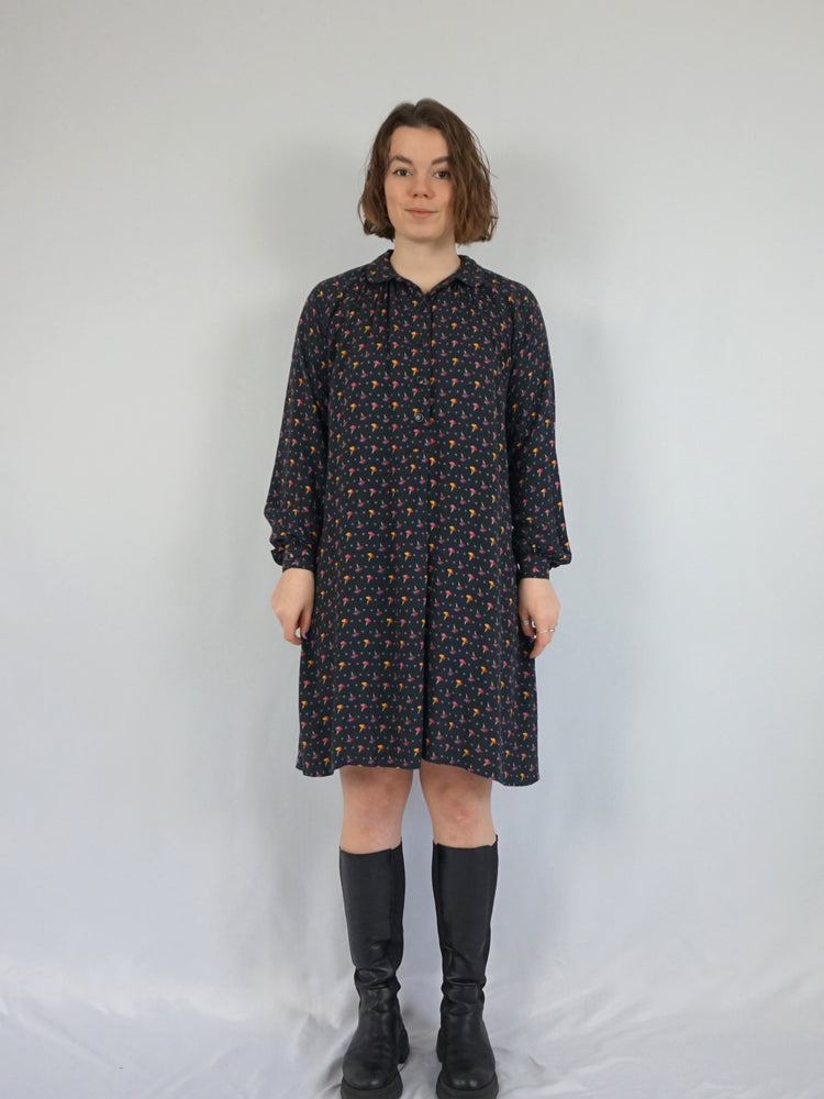 Black Floral Smock Dress - M