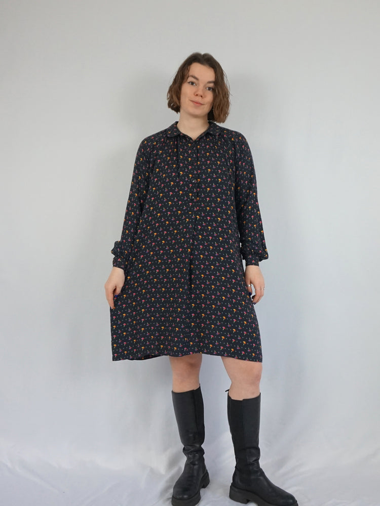 Black Floral Smock Dress - M