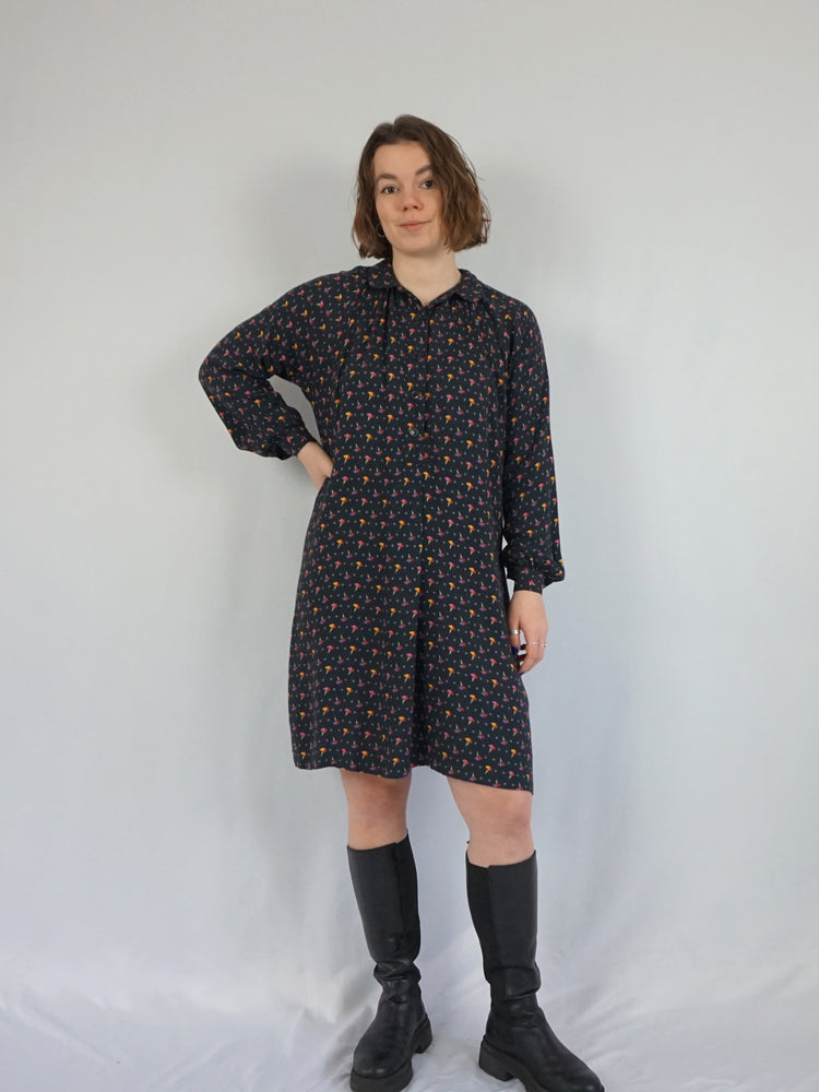 Black Floral Smock Dress - M