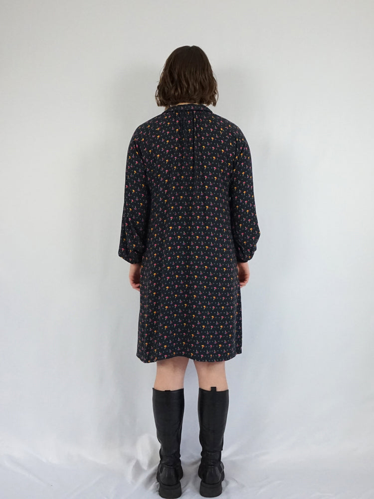 Black Floral Smock Dress - M