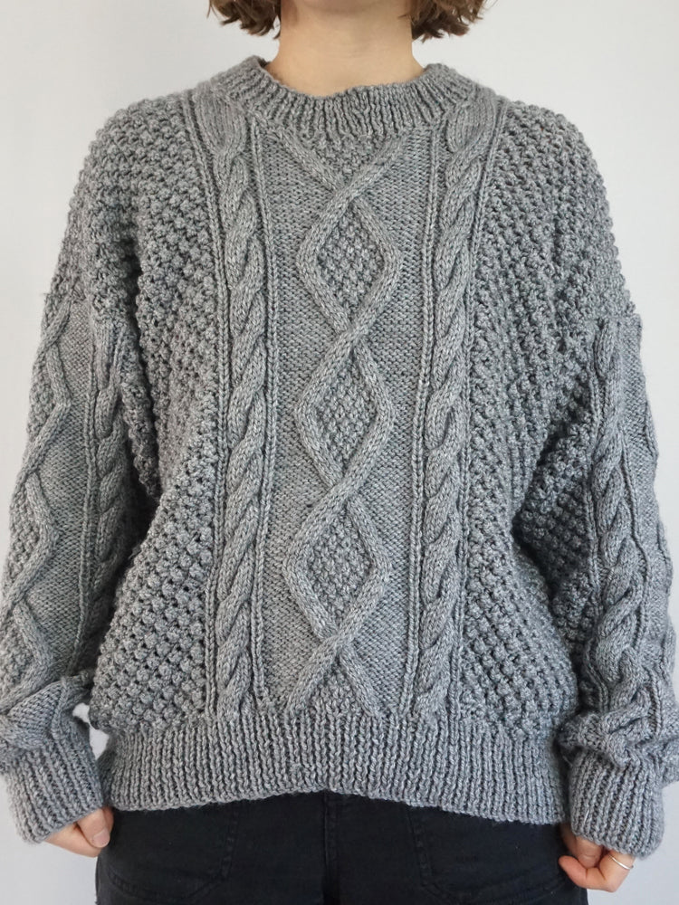 Grey Aran Knitted Jumper - L