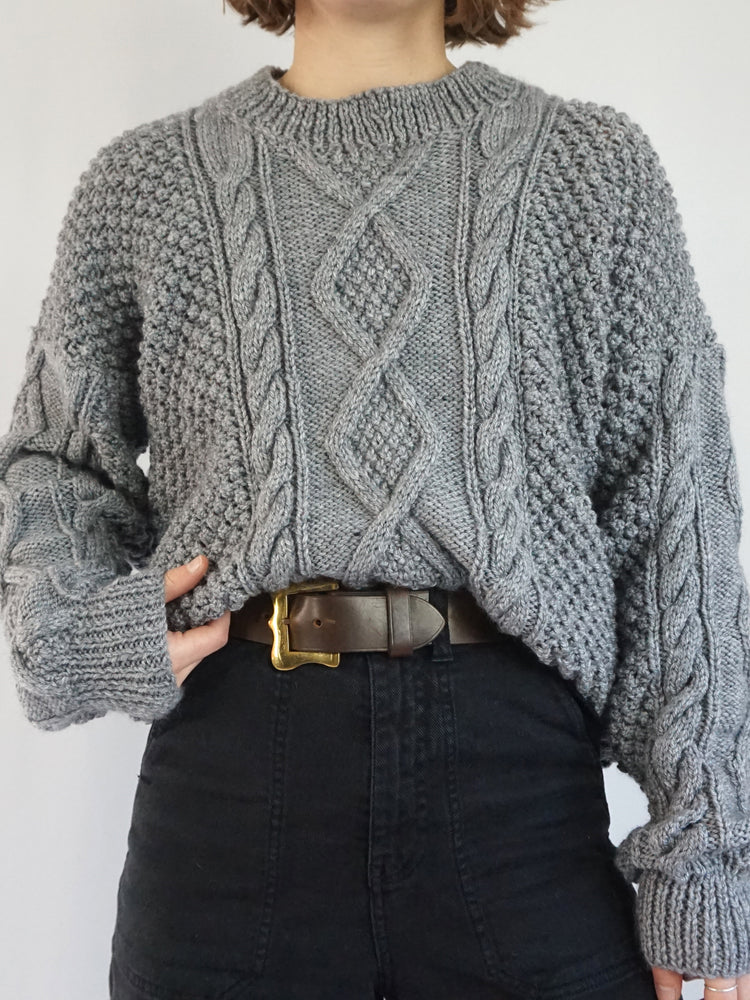 Grey Aran Knitted Jumper - L