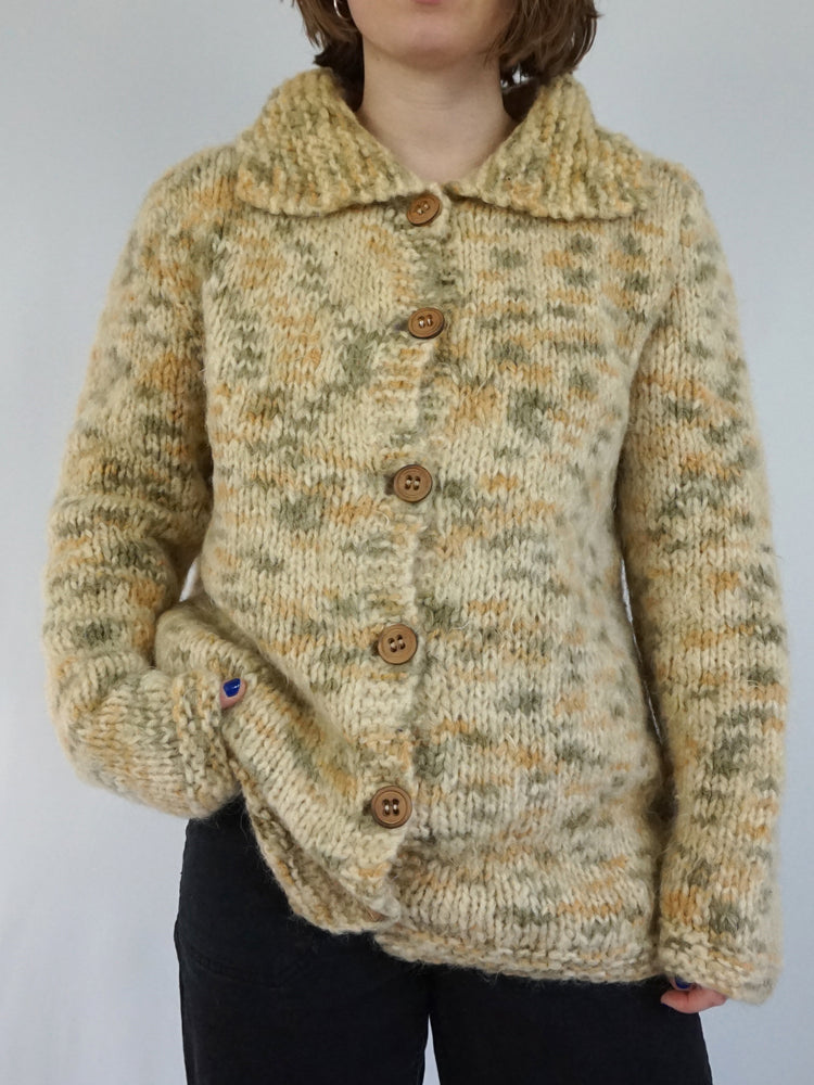 Sand Brown & Khaki Wool Cardigan - L