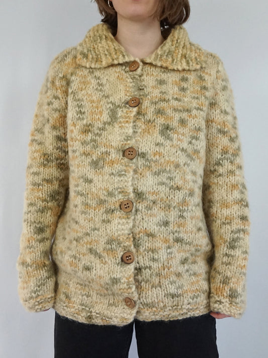 Sand Brown & Khaki Wool Cardigan - L