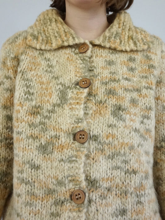 Sand Brown & Khaki Wool Cardigan - L