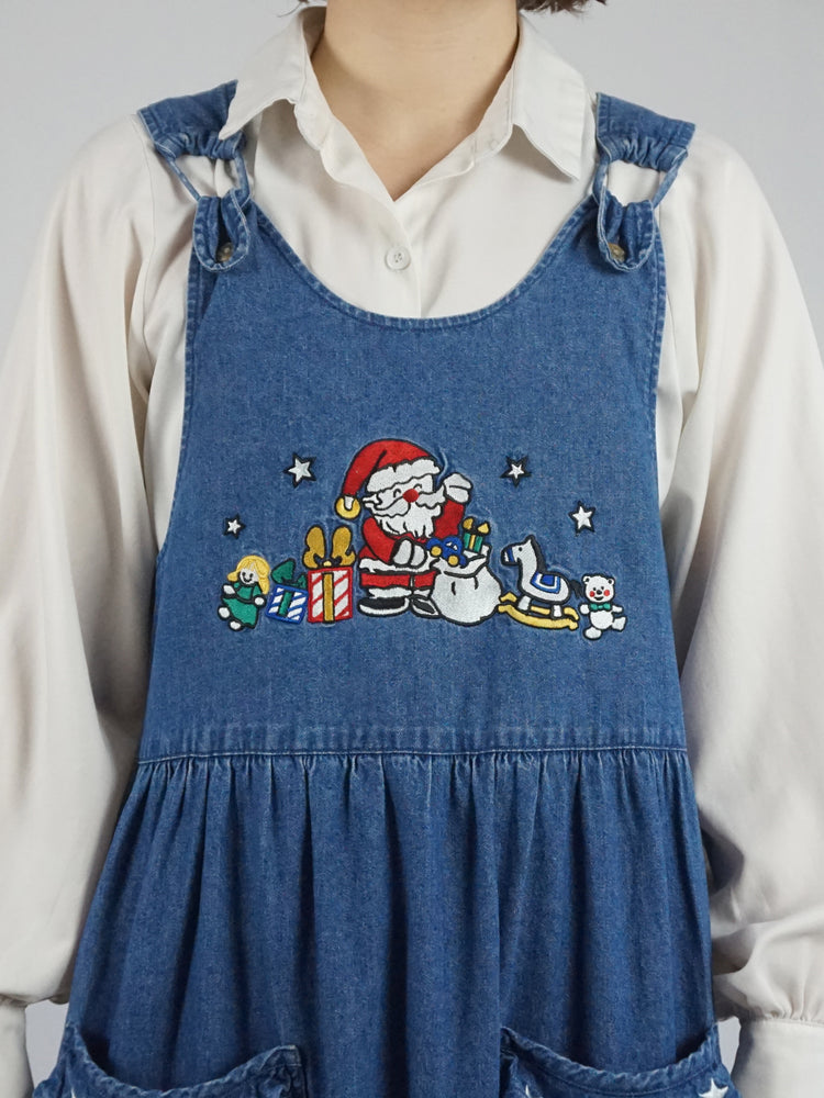 Christmas Embroidered Denim Dress - L