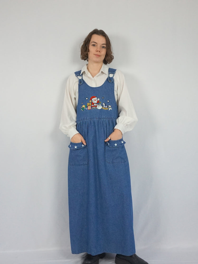 Christmas Embroidered Denim Dress - L