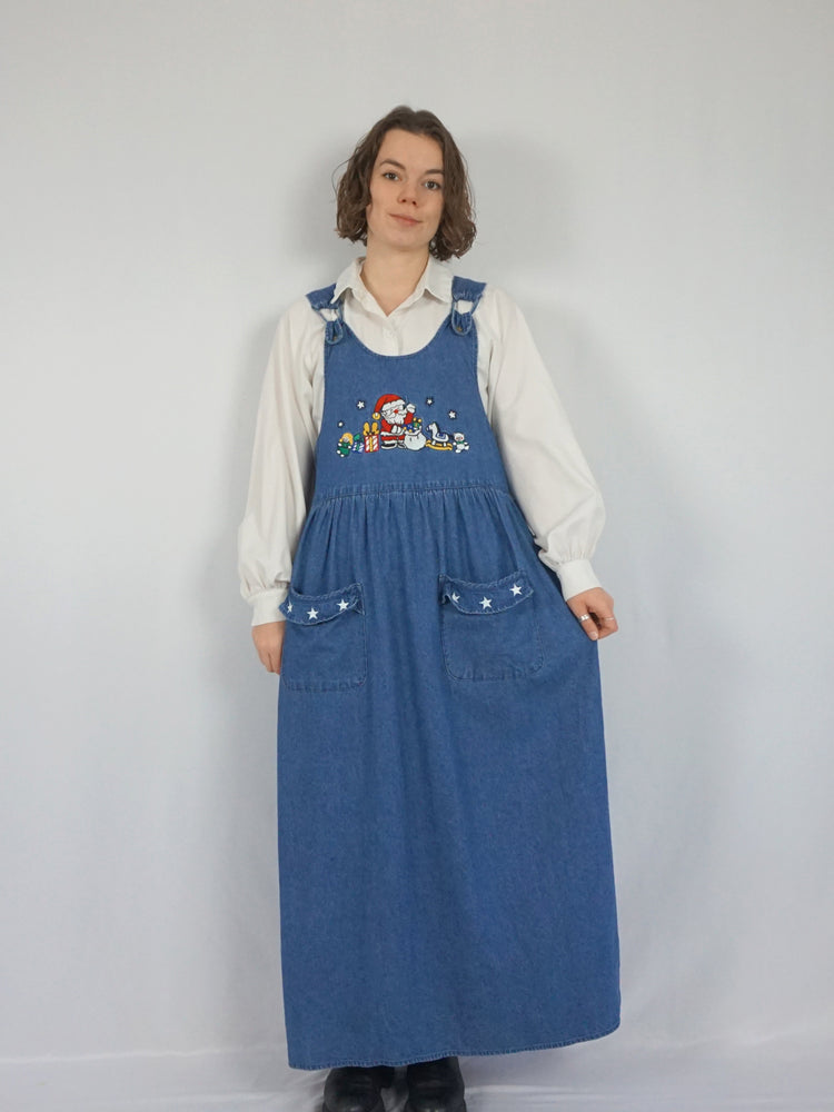 Christmas Embroidered Denim Dress - L