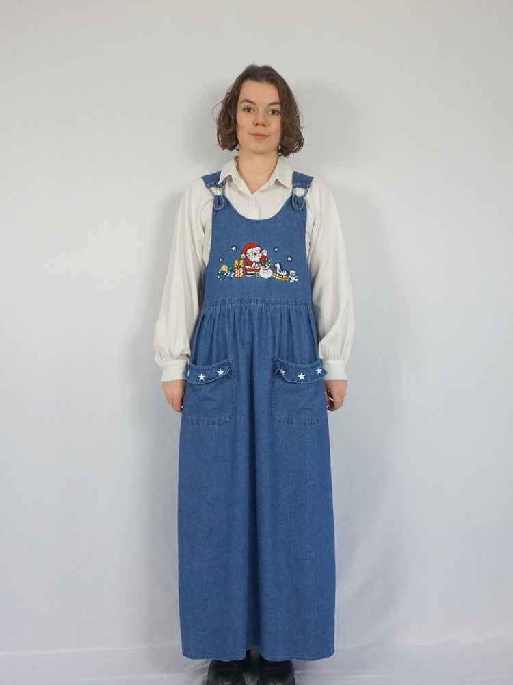 Christmas Embroidered Denim Dress - L