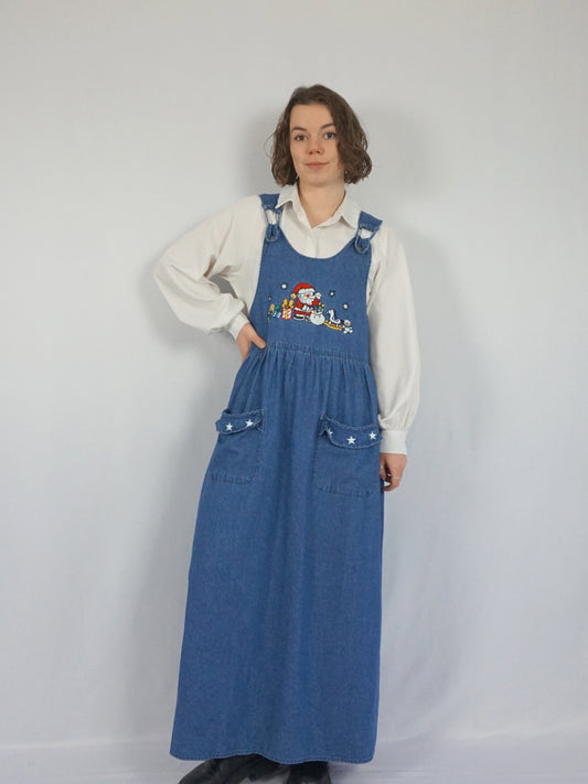 Christmas Embroidered Denim Dress - L