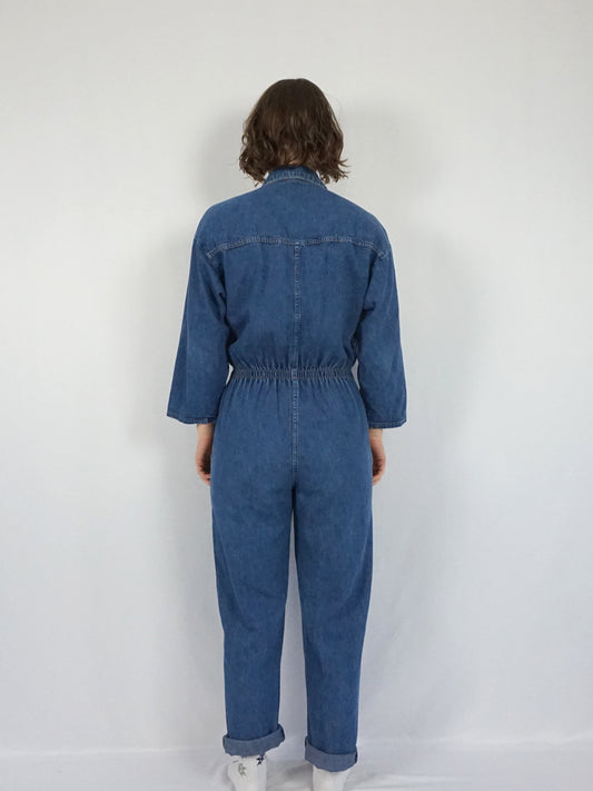 Denim Button Down Jumpsuit - M