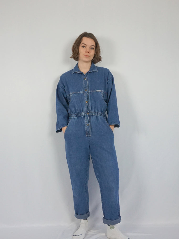 Denim Button Down Jumpsuit - M