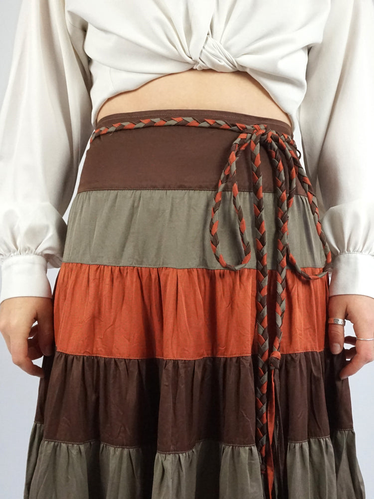 Brown & Orange Tiered Cotton Skirt - 32"