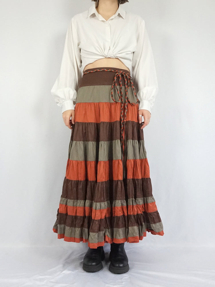 Brown & Orange Tiered Cotton Skirt - 32"