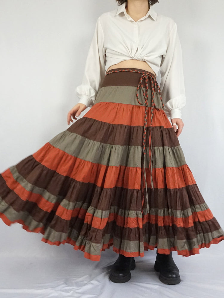 Brown & Orange Tiered Cotton Skirt - 32"