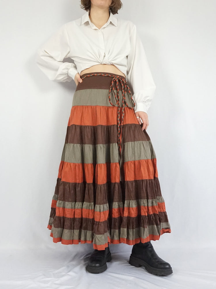 Brown & Orange Tiered Cotton Skirt - 32"