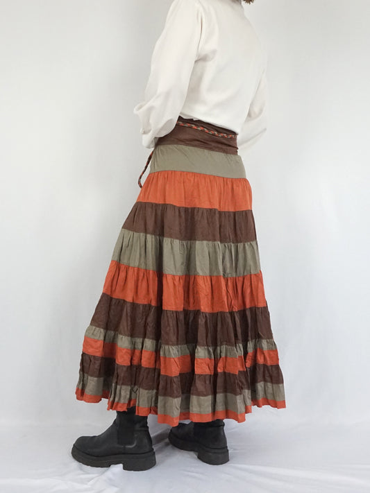 Brown & Orange Tiered Cotton Skirt - 32"