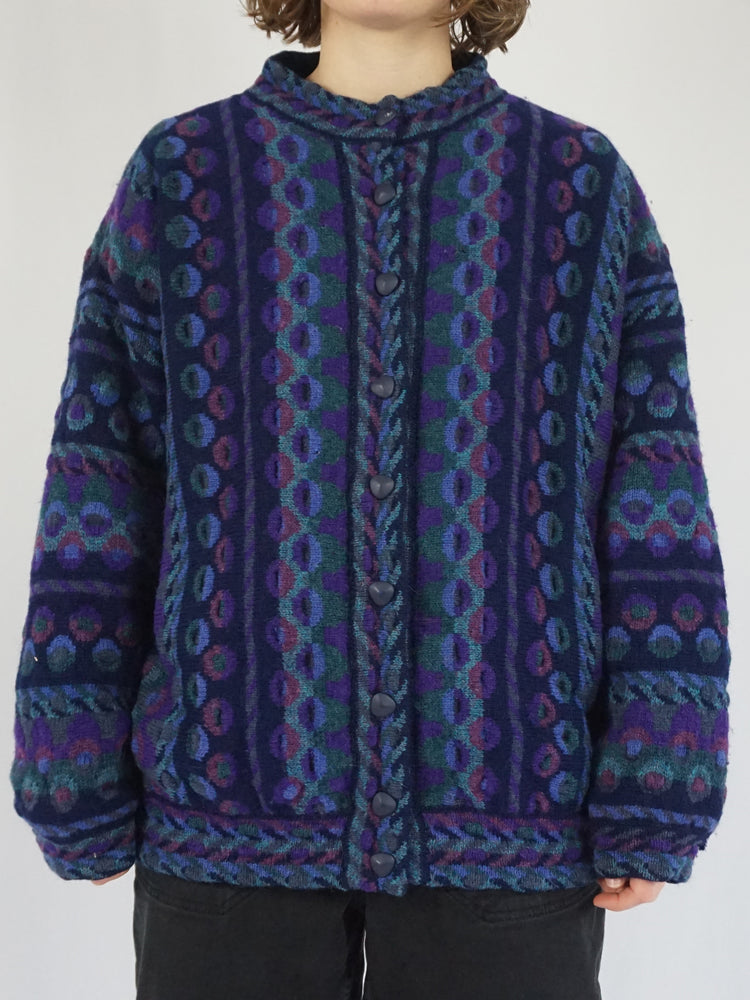 Purple Funky Patterned Wool Cardigan - XL