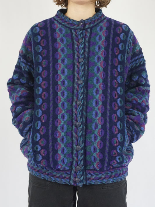 Purple Funky Patterned Wool Cardigan - XL