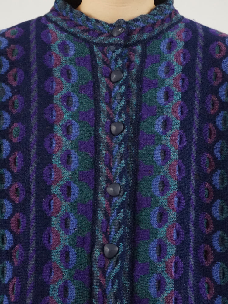 Purple Funky Patterned Wool Cardigan - XL