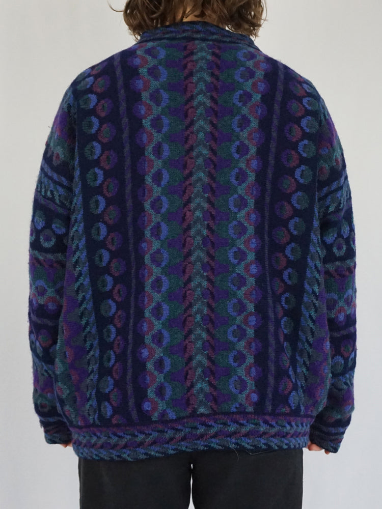 Purple Funky Patterned Wool Cardigan - XL