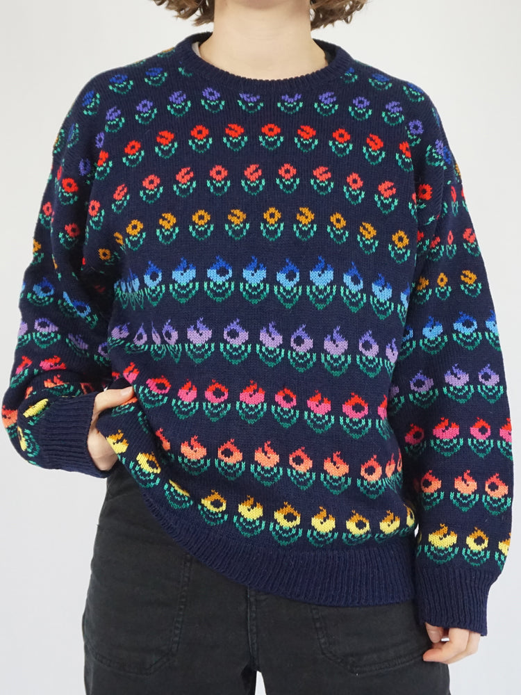 Navy Floral Knitted Jumper - L