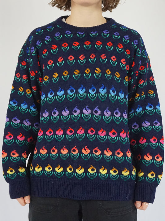 Navy Floral Knitted Jumper - L