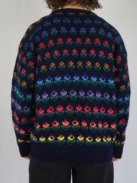 Navy Floral Knitted Jumper - L