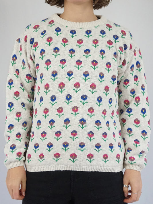 White Floral Cotton Jumper - S