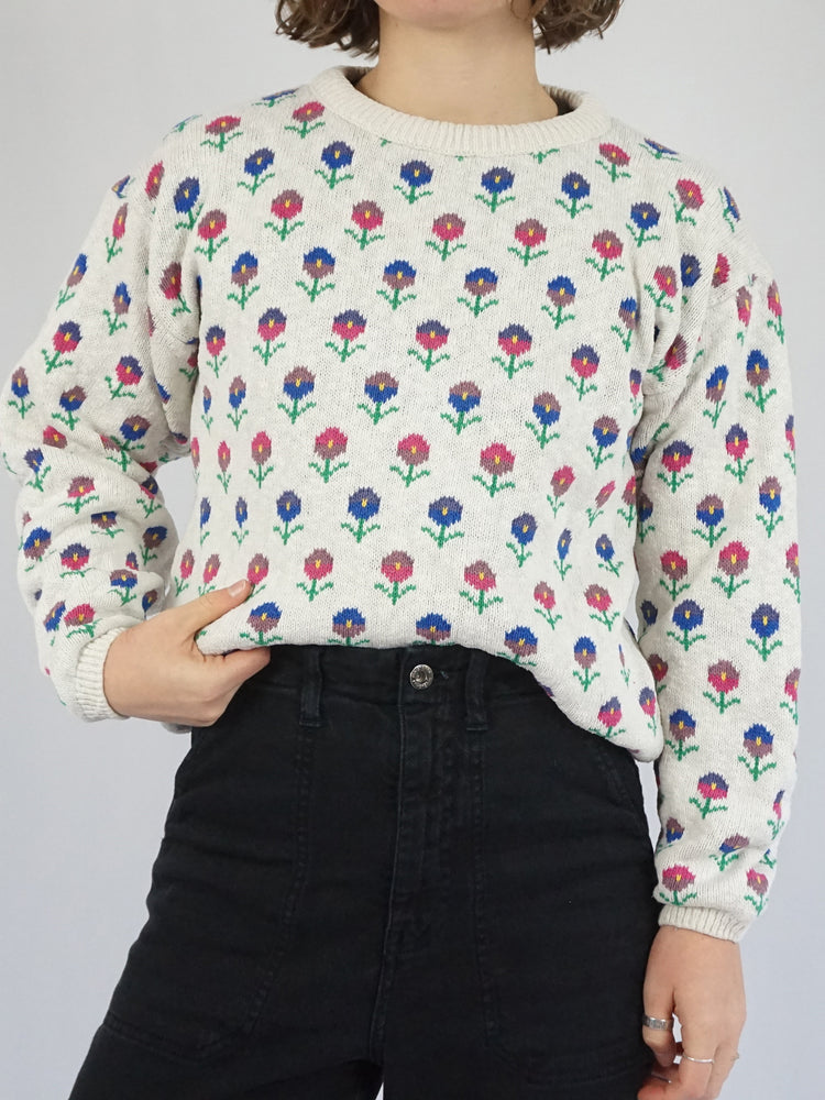 White Floral Cotton Jumper - S