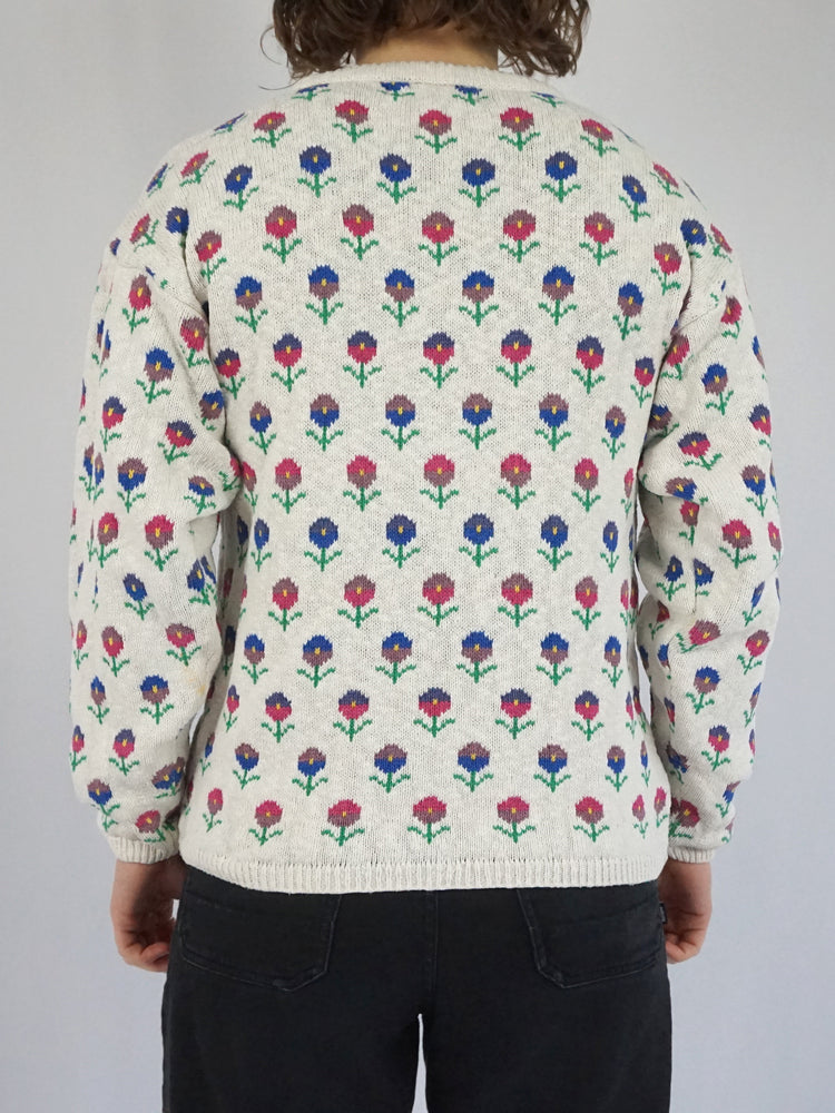 White Floral Cotton Jumper - S