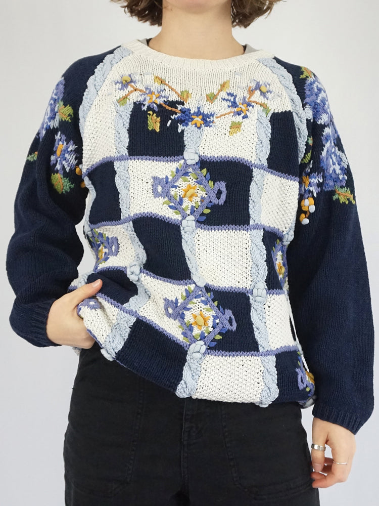 Floral Embroidered Cotton Jumper - L