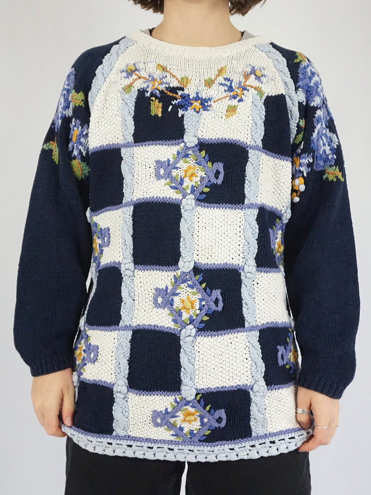 Floral Embroidered Cotton Jumper - L