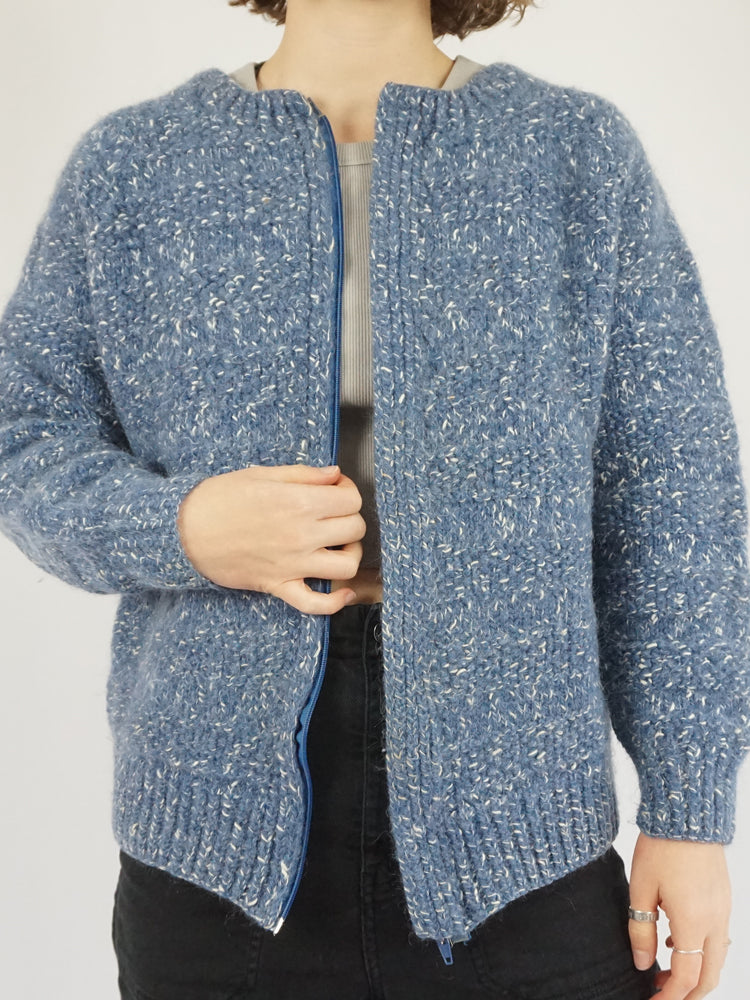 Chunky Blue & White Speckled Cardigan - M