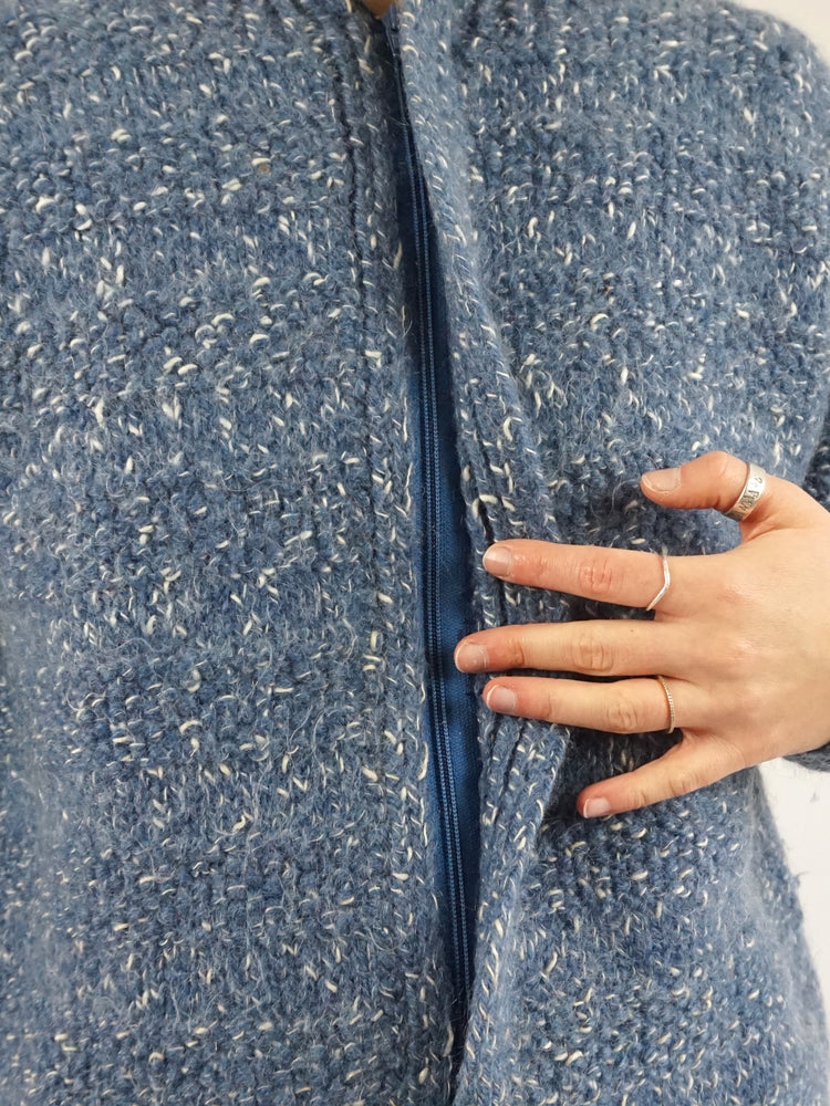 Chunky Blue & White Speckled Cardigan - M