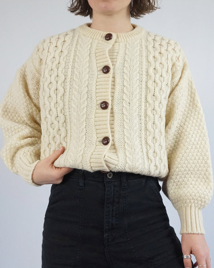 Balloon Sleeve Aran Wool Cardigan - M